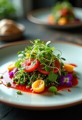 Elegant Gourmet Dish Plating Artistic Presentation Modern Kitchen Style Culinary Delight Plate Arrangement