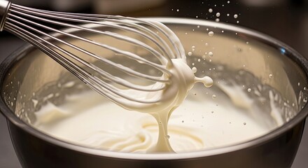 Stainless Steel Whisk Lifting Rich Whipped Cream from Bowl, Dynamic Splashes and Smooth Texture