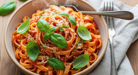 Steaming Hot Fettuccine with Rich Tomato Sauce, Fresh Basil, and Grated Parmesan Cheese