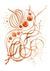 The illustration is done in an abstract watercolor style in warm terracotta and brown tones. It features flowing lines, swirls, and circles on a white background. 