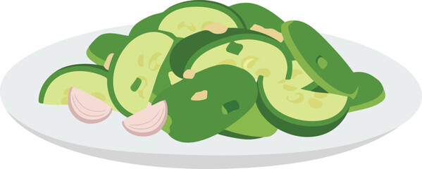 Cucumber salad with onions on a white plate.