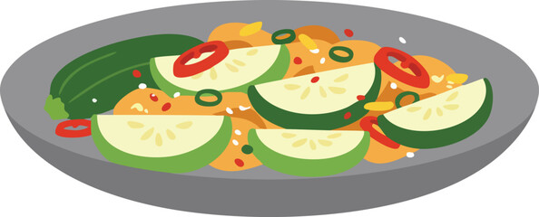 Sauteed zucchini slices with chili peppers and spices on a gray plate.