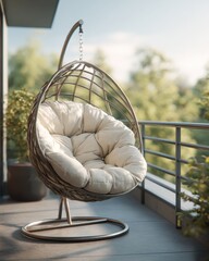 Modern Woven Egg Chair with Plush Cushion on Balcony with Greenery