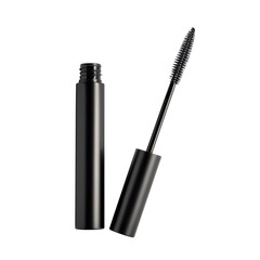 Luxury black mascara tube and wand product photography studio shot beauty cosmetics isolated on transparent background