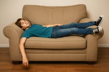 Obraz premium Young man relaxing on a cozy couch in the living room, enjoying a peaceful nap and embracing the comfort of home