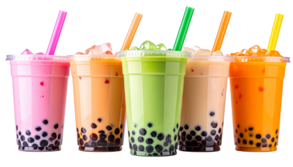  Rainbow Bubble Tea Variety with Fruit Flavors, Trendy Refreshing Beverage, Isolated PNG 