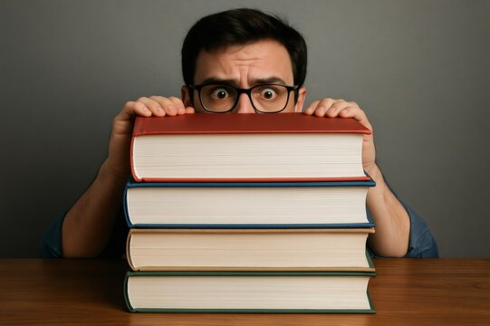 Nerdy student with eyeglasses peeking over a tall stack of books, showcasing a humorous expression filled with surprise and curiosity