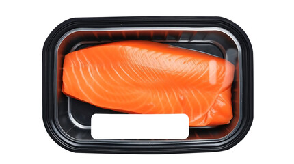Black plastic tray with salmon and blank label mockup packaging isolated on transparent background