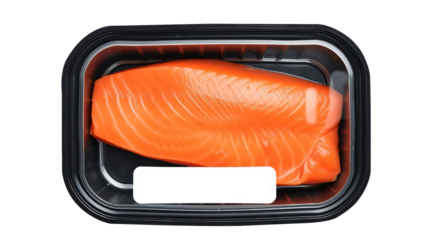 Black plastic tray with salmon and blank label mockup packaging isolated on transparent background