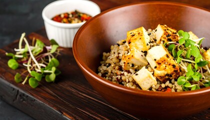 Pan-seared tofu cubes atop seasoned quinoa, garnished with microgreens