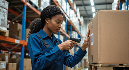 Scanning cargo with a barcode scanner in warehouse, worker scans box for distribution. Inspecting cargo ensures efficient tracking through supply chain.