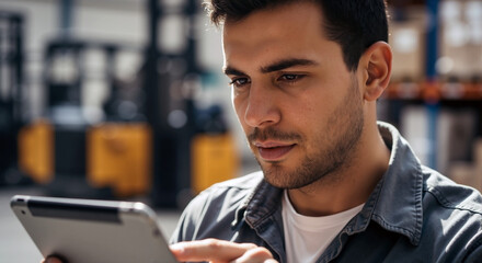 Hispanic worker using tablet in warehouse for cargo transportation. Hispanic man inspects inventory with digital tablet. Cargo transportation management with modern technology.