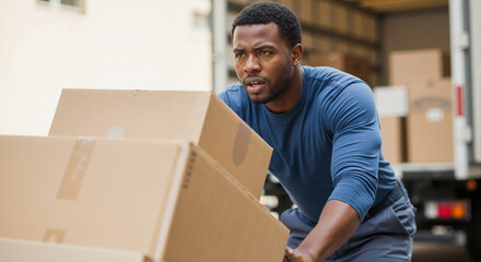 Cargo transportation with african american man pushing boxes into truck. Cargo transportation includes heavy lifting as man loads cardboard boxes during a move.