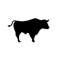 Silhouette of a powerful bull, isolated against a stark white background