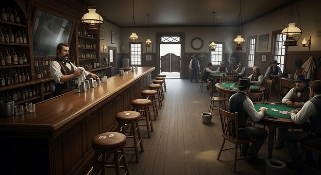 Vintage Western Saloon Interior with Patrons and Bartender.