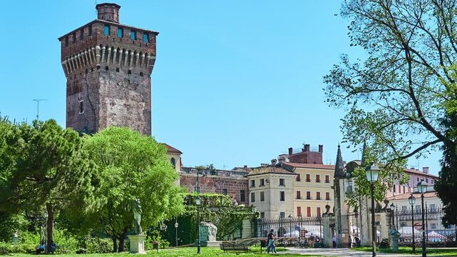 Scaliger Tower of Porta Castello and park Salvi gardens. Valmarana Salvi gardens located in historic center of Vicenza, Italy, adjacent to walls of Piazza Castello, in Piazzale De Gasperi.
