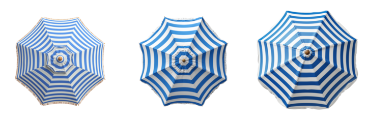 Set of a Blue and white striped beach umbrellas isolated on transparent background