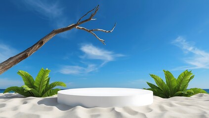  3d white podium on the beach with green leaves and a tree
