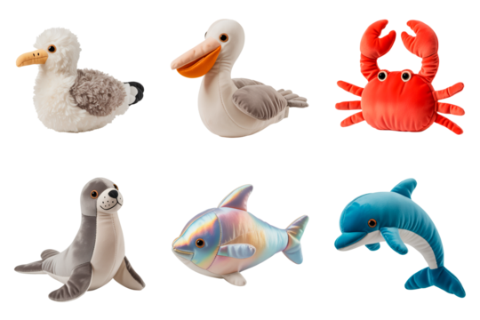 Set of cute plush and inflatable sea animals including seagull, pelican, crab, seal, fish, and dolphin isolated on white background