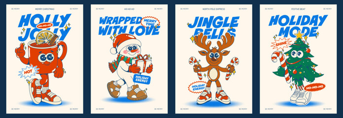 Contemporary Retro Christmas poster set with groovy festive characters hot drink mug, snowman, reindeer and Christmas tree in groovy holiday card. Vintage xmas mascot.