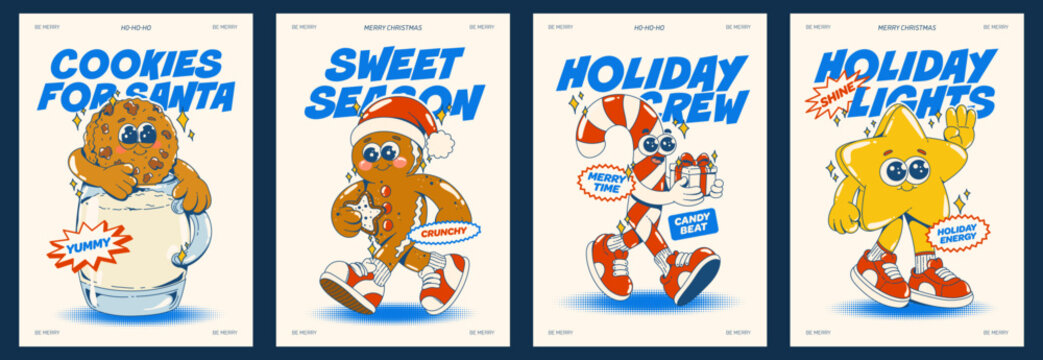 Contemporary Retro Christmas poster set in groovy cartoon mascot characters with holiday cookie, gingerbread man, candy cane and shining star. Cute xmas card.