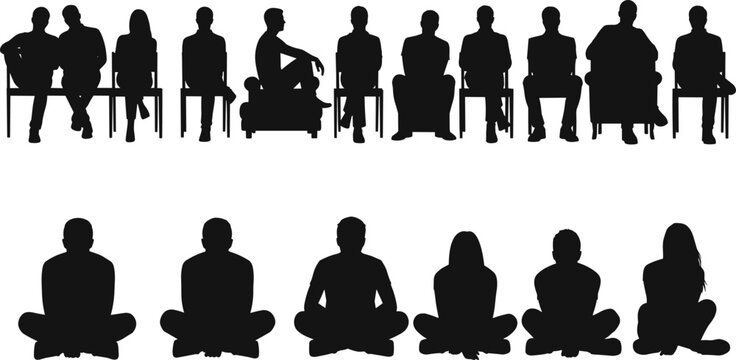Silhouettes of people sitting in various poses, seated figures on chairs and floor, vector illustration for design and presentation