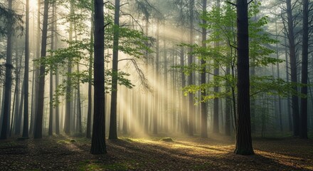 Sunbeams Illuminate Misty Spring Forest:  Golden Light Piercing Through Tall Trees