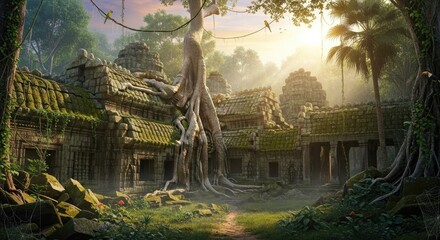 Sun-Kissed Jungle Temple Ruins, Ancient Khmer Architecture