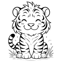 Cute baby tiger coloring page. Adorable cartoon tiger outline in kawaii doodle style, perfect for kids coloring books, worksheets, stickers, nursery printables and educational projects