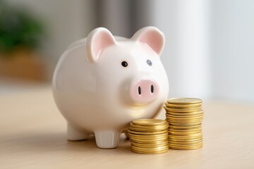 Piggy Bank with Stacks of Gold Coins