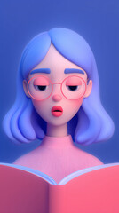 3D cartoon tired student girl with glasses reading a book, sleepy expression. Concept of studying, burnout, information overload, late-night learning, and academic stress.