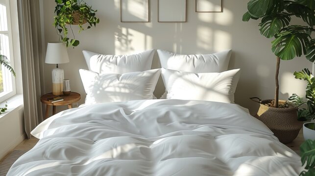 Comfortable and inviting bedroom with soft white bedding and natural light