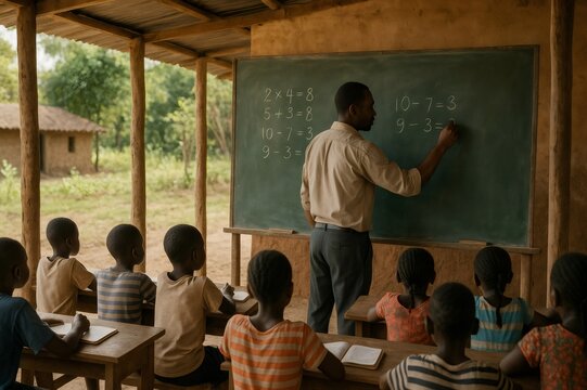 African teacher teaching math in an outdoor classroom, providing education in challenging environment