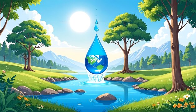 Water drop with Earth graphic over a serene landscape