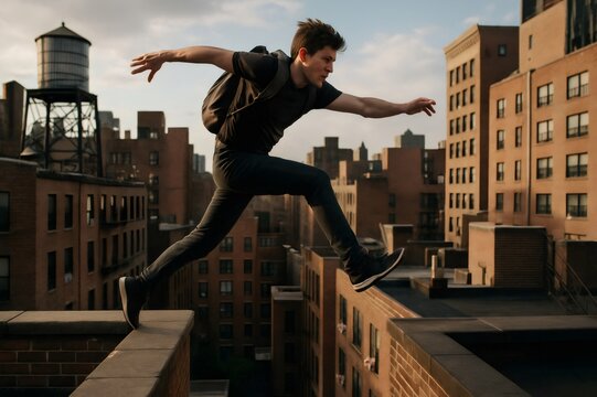 Young man parkouring across New York City rooftops, leaping between buildings with skill and precision, embracing the thrill of urban adventure - Powered by Adobe