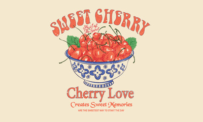Cherry love. Organic food artwork for for t-shirt. Cherry bowl drawing. Cherry fruit print.