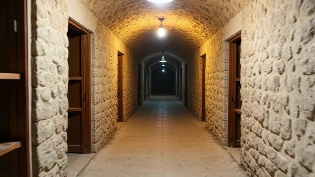 Old underground basement or a closet in an old building. An old underground passage with many doors in the old manor house. A gloomy corridor or a tunnel with stone walls