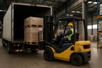 Warehouse worker driving forklift and loading pallets on a truck in a large industrial warehouse