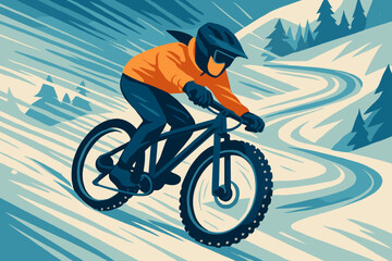 Fototapeta premium Winter mountain biking adventure in a snowy landscape with sharp curves and vibrant colors