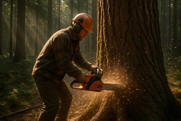 Lumberjack cutting down a tree with chainsaw in a forest, wearing protective gear and creating wood chips