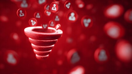 Conceptual 3D rendering of a digital funnel collecting user icons symbolizing data flow and process