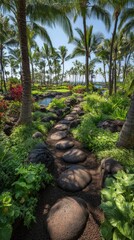 A sun-drenched pathway winds through a lush tropical garden, lined with smooth volcanic rocks and tall palm trees.