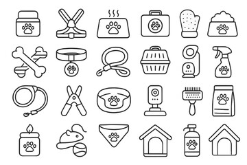 Naklejka premium Set of Line Icons Representing Pet Supplies and Accessories on Dark Metallic Background