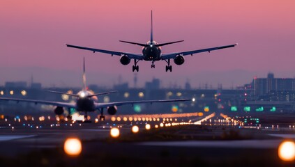 Two airplanes are landing on a runway at twilight, with city lights in the background.