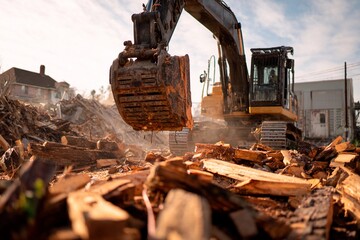 Fototapeta premium Heavy machinery works to remove fallen timber and rubble from the construction site. Dust is rising as the excavator moves through the detritus in clear daylight