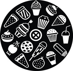 Diverse array of whimsical desserts and snacks artfully arranged in a circular composition