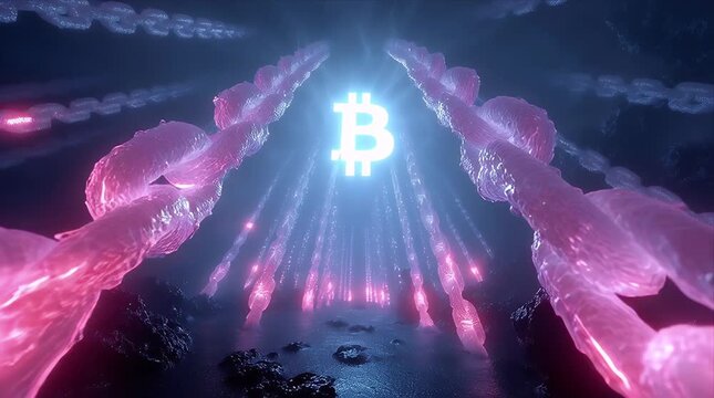 輝くビットコインとブロックチェーンのトンネル｜Glowing Bitcoin and a Blockchain Tunnel