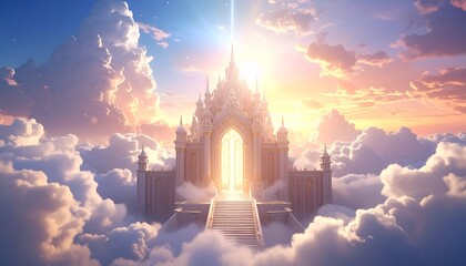Celestial palace built on clouds with glowing gates radiating magic, surreal divine fantasy DESIGN illustration.