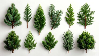 Evergreen boughs arranged on white background