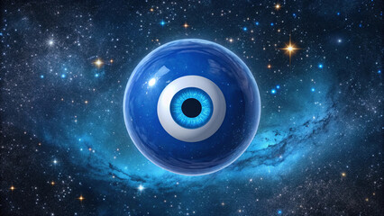 A large Evil Eye (Nazar) stares at everything floating in the universe.